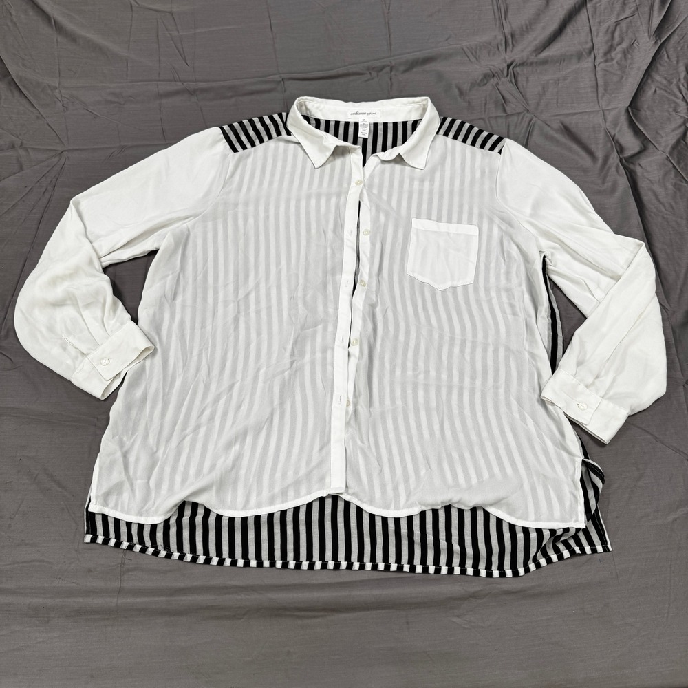 Ambiance Apparel Womens 3X Striped Button Down Blouse Black White High Low